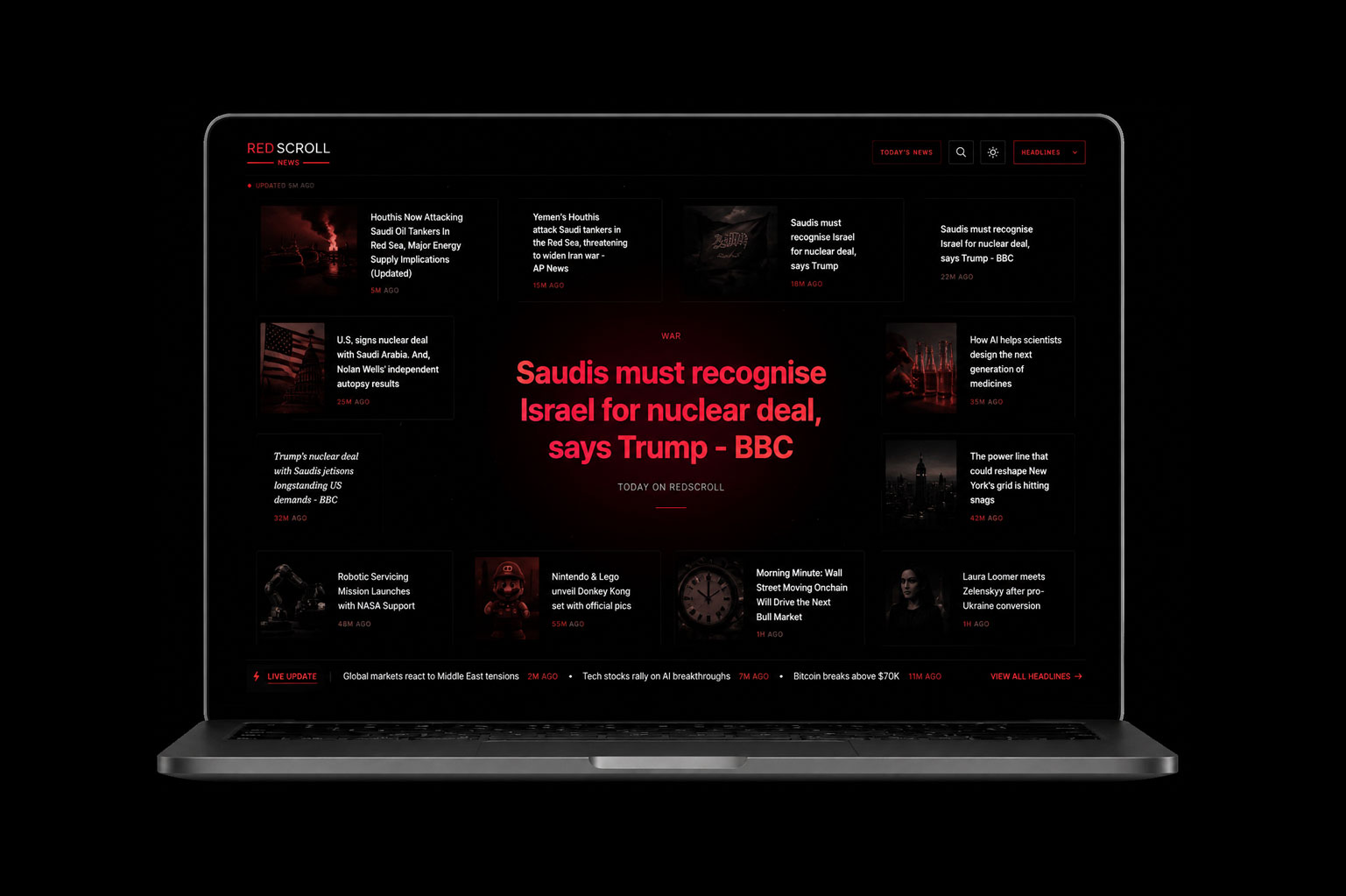 Red Scroll News — laptop mockup of the news experience