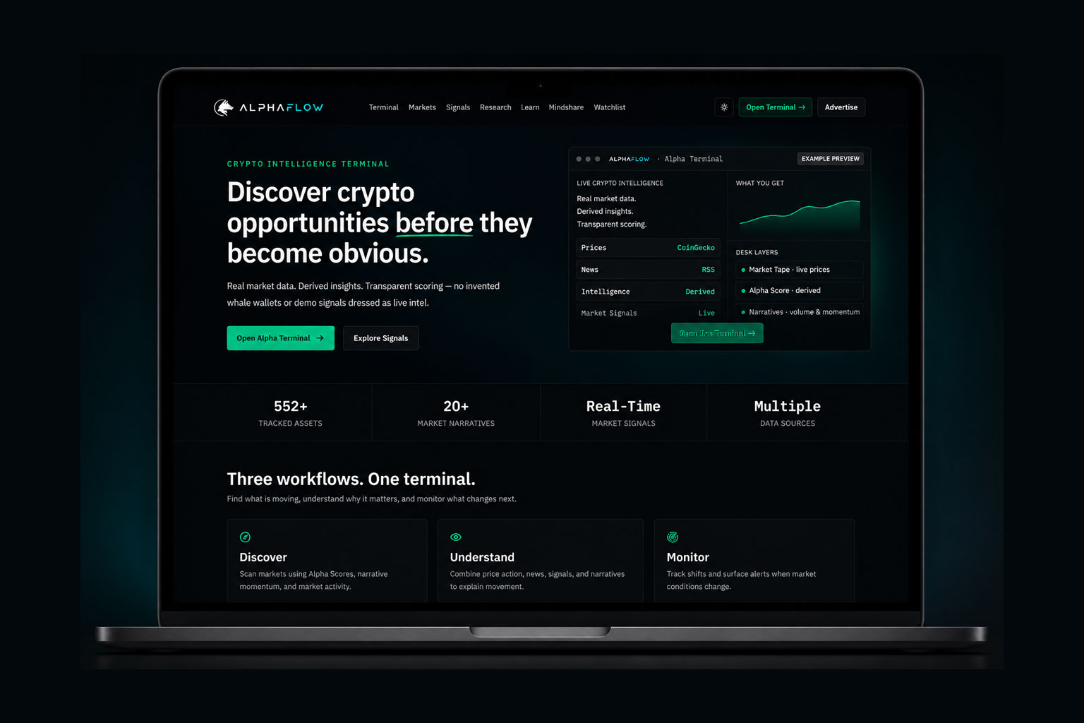 AlphaFlow — crypto intelligence terminal on desktop